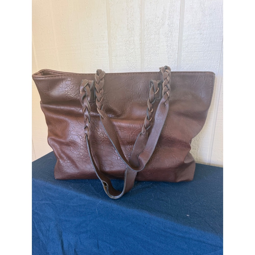 WEIMEIBAIGE Brown Faux Leather Tote Bag Braided Straps Whipstitch Pocket - Picture 3 of 6